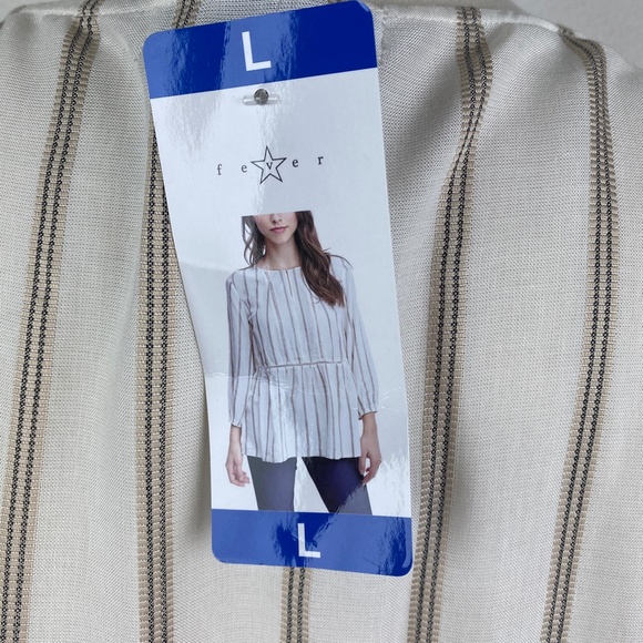 FEVER Womans Tunic Blouse Large Tan Ivory Striped Relaxed Peasant Boho Gypsy NWT - Picture 7 of 9